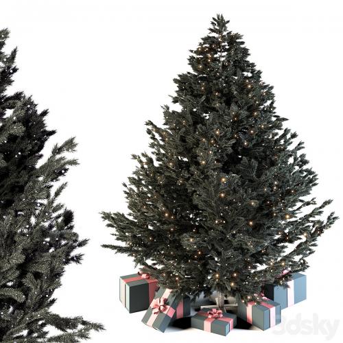 Dark christmas tree with boxes and garland