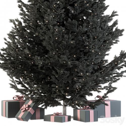 Dark christmas tree with boxes and garland