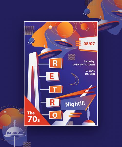 Mid-Century Retro Party Flyer Layout with Sci-Fi Elements - 307690152