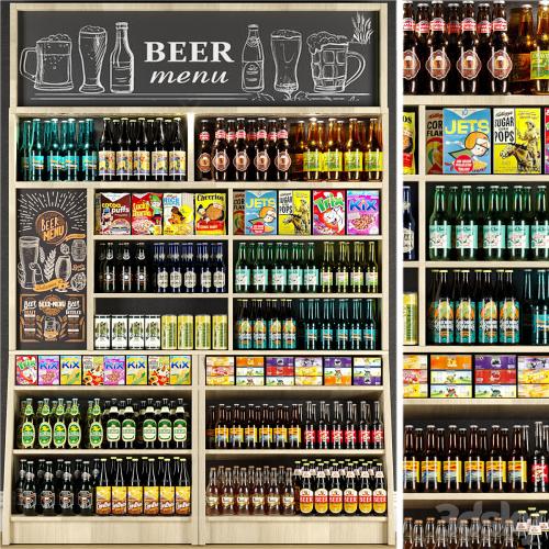 Large shelf in the supermarket with beer and cider