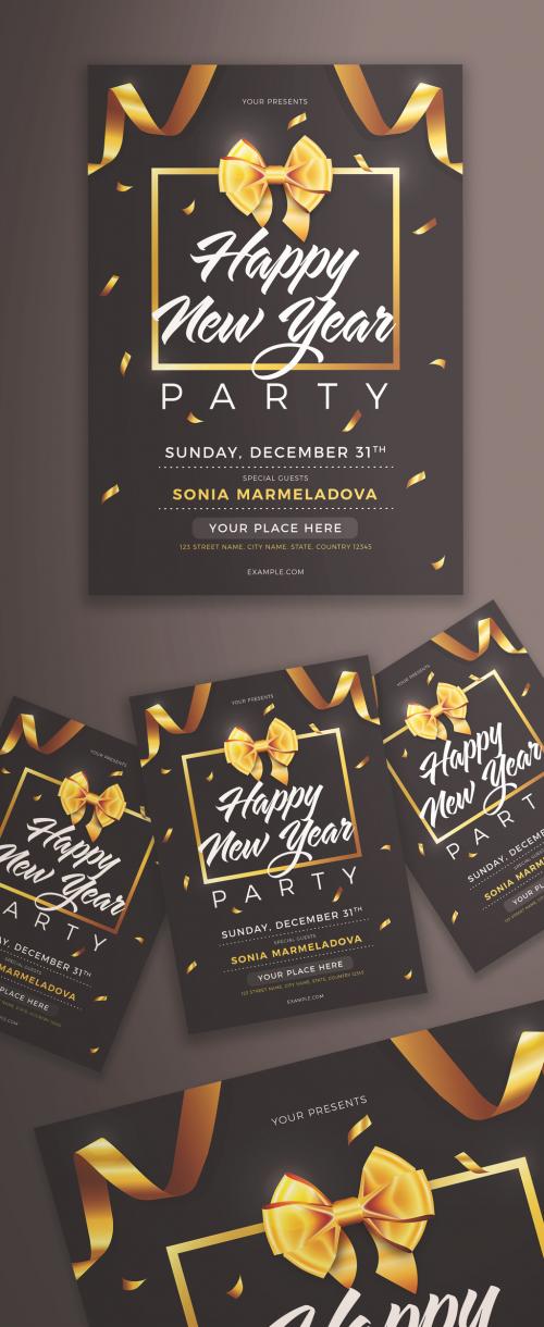 New Year's Party Flyer Layout with Gold Ribbon Elements - 309273715