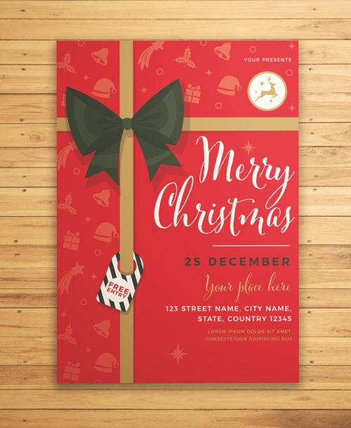 Christmas Event Invitation Flyer Layout with Ribbon Elements and Icons - 309273745