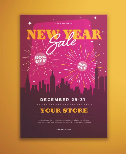 New Year's Sale Flyer Layout with Fireworks and Cityscape Illustrations - 309273826