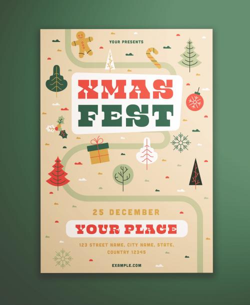 Christmas Event Flyer Layout with Tree and Ornament Illustrations - 309274012