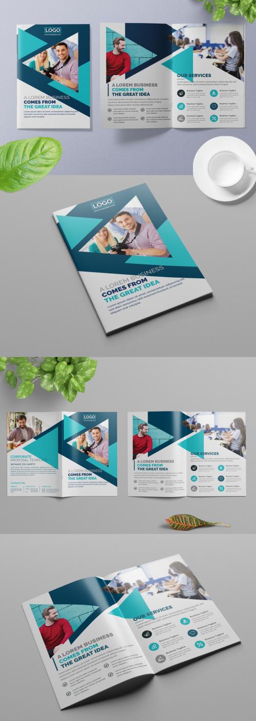 Bifold Business Brochure Layout with Blue Geometric Design Elements - 309429162