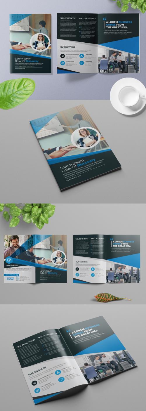 Bifold Business Brochure Layout with Blue Geometric Design Elements - 309429176