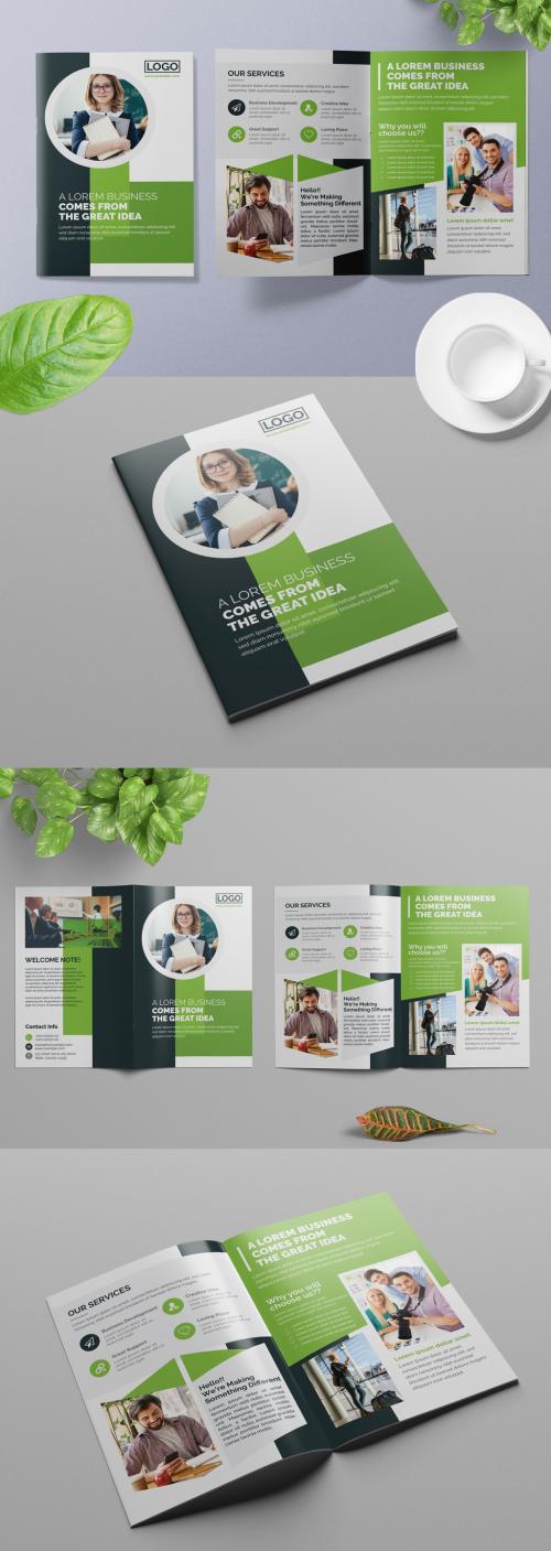 Bifold Business Brochure Layout with Green Accents - 309429203