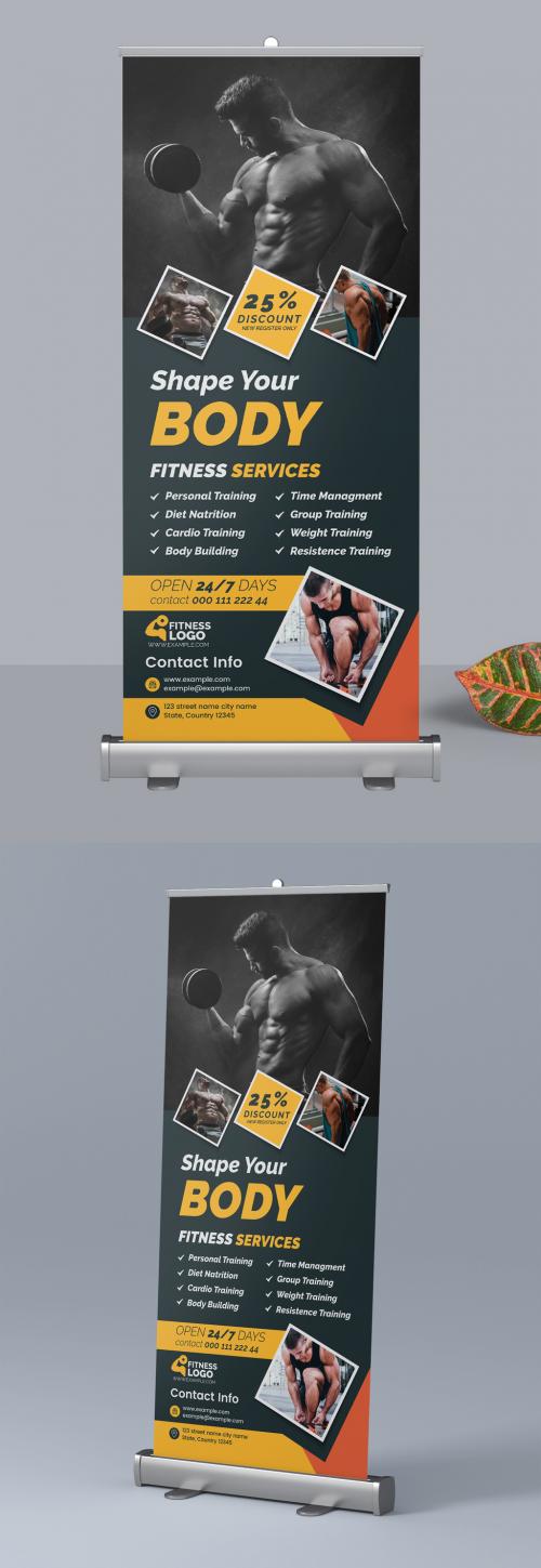 Dark Gray Roll-Up Banner Layout with Orange Accents - 309429291