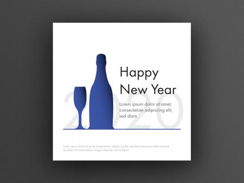 New Year Card Layout with Blue Glass and Champagne Bottle - 309483296