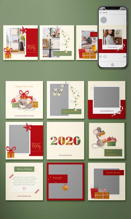 Social Media Post Template Set With Hand Drawn Christmas Illustrations - 310016543