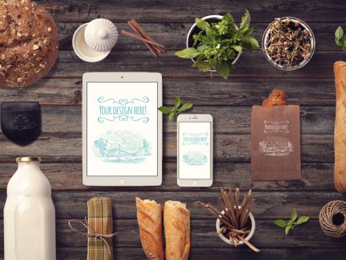 Organic Food Mockup Tablet and Phone on Wooden Background - 310722103