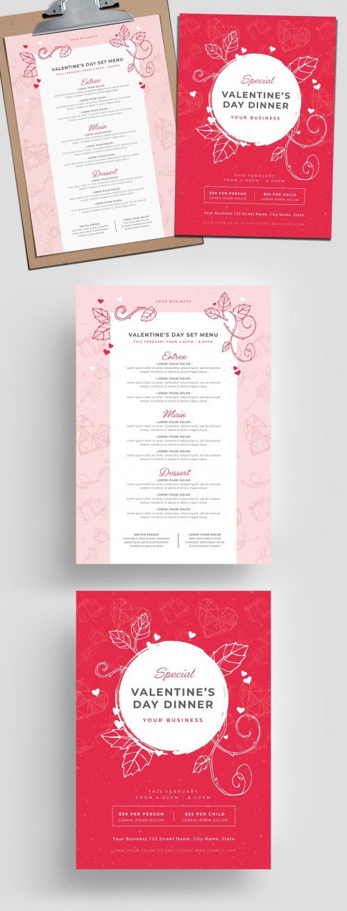 Valentine's Day Menu Layout with Floral Line Art Illustrations - 312958101