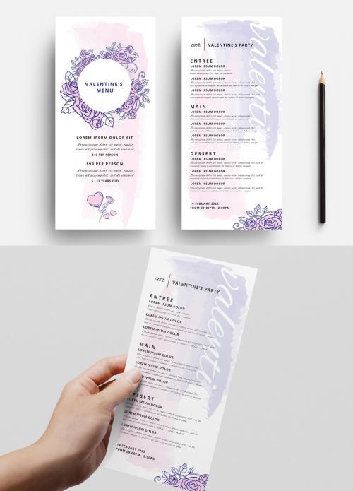 Valentine's Day DL Menu Layout with Elegant Purple Rose Illustrations - 312984597