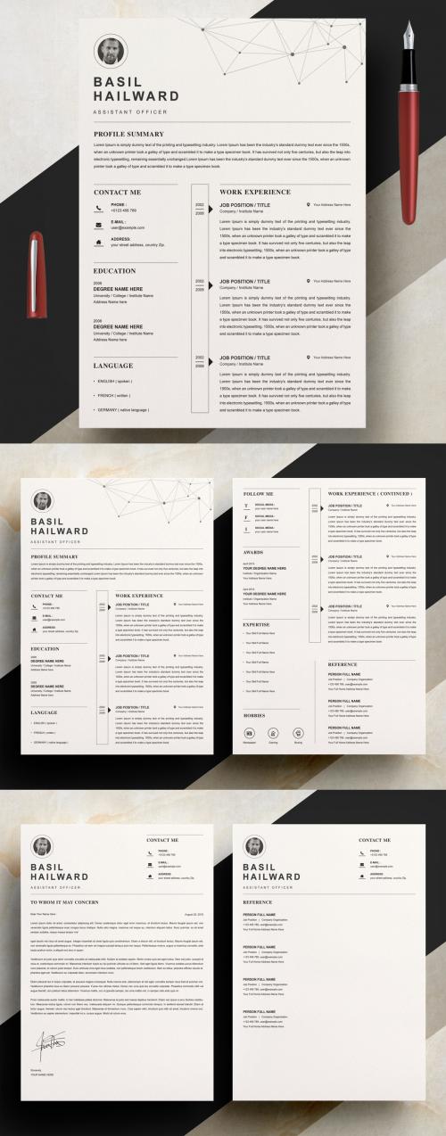 Black and White Resume and Cover Letter Layout Set with Fractal Illustration Element - 313668773