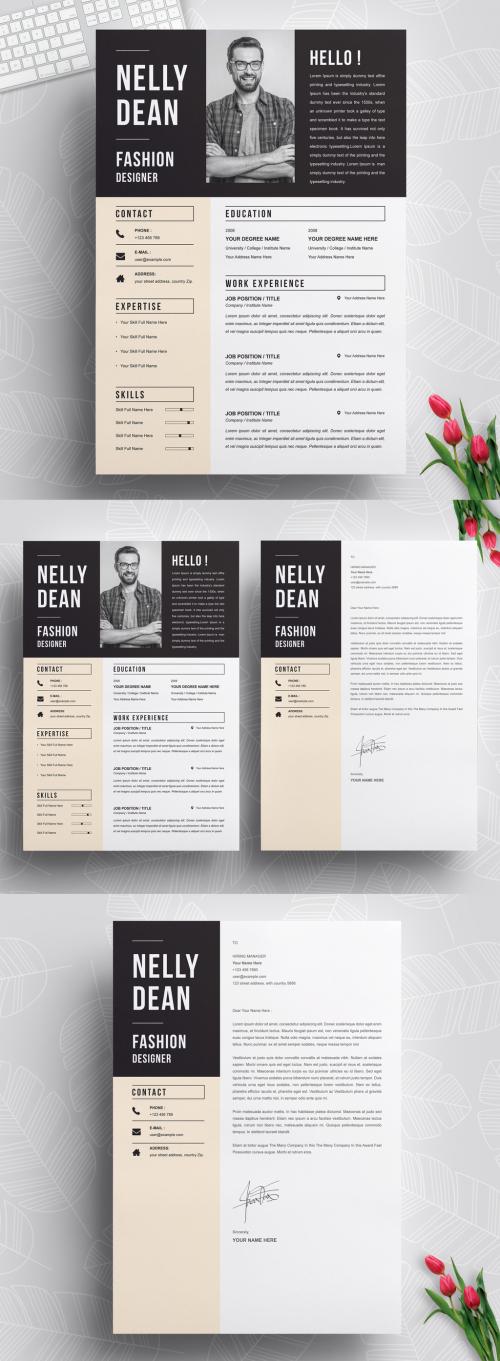 Black and White Resume and Cover Letter Layout Set with Yellow Sidebar - 313668895