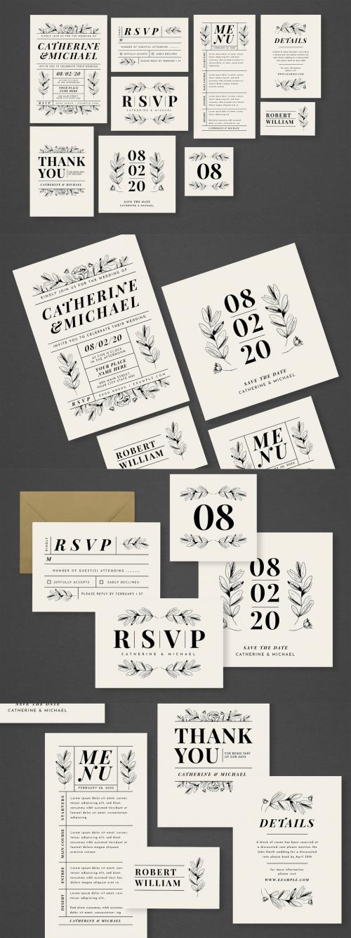 Wedding Invitation Set with Leaf Illustrations - 313885126
