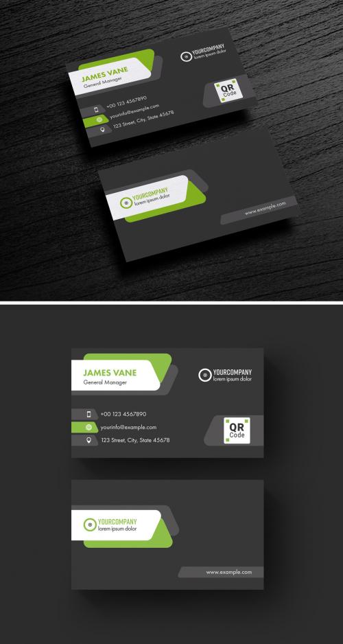 Black Business Card Layout with Green Accents - 313939161