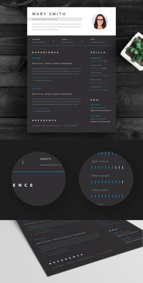 Dark Resume Layout with White Header and Bright Blue Elements - 316231156