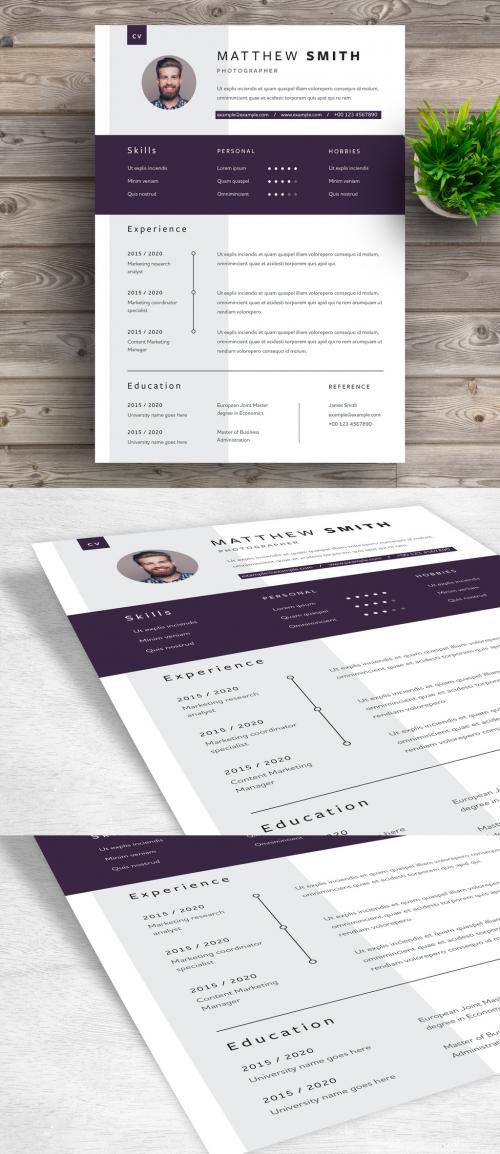 Resume Layout with Dark Purple Header and Gray Sidebar - 316231387