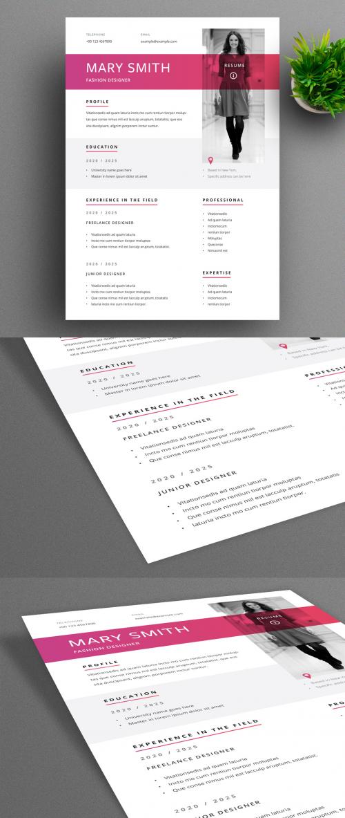 Resume Layout with Pink Header Overlay and Accents - 317119101