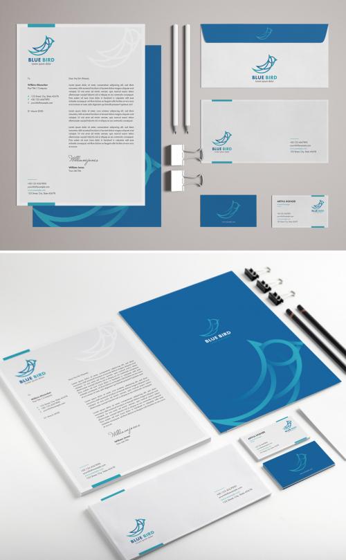 Blue and White Stationery Set with Bird Illustrations - 318704902