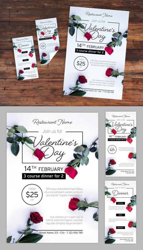 Valentine's Day Dinner Event Layout Set with Photorealistic Rose Illustrations - 319294255