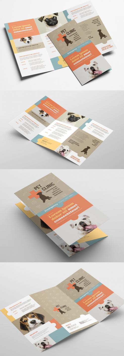 Trifold Brochure Layout with Pet and Vet Service Themed Illustrations - 319811864