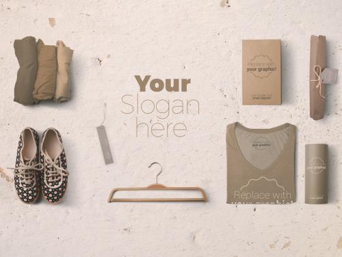 Rolled and Folded T-Shirts with Shoes and Hangers Mockup - 319879138