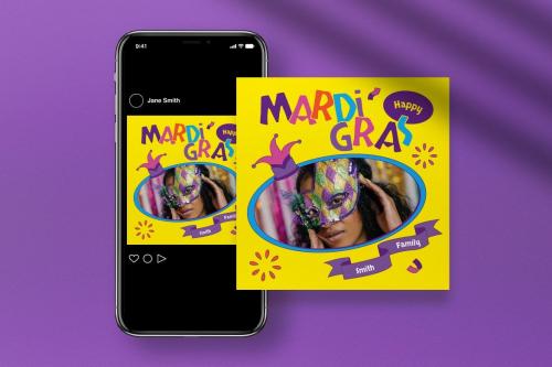 Yellow Flat Design Mardi Gras Greeting Card