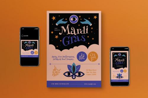 Beige Retro Mardi Gras Flyer Set