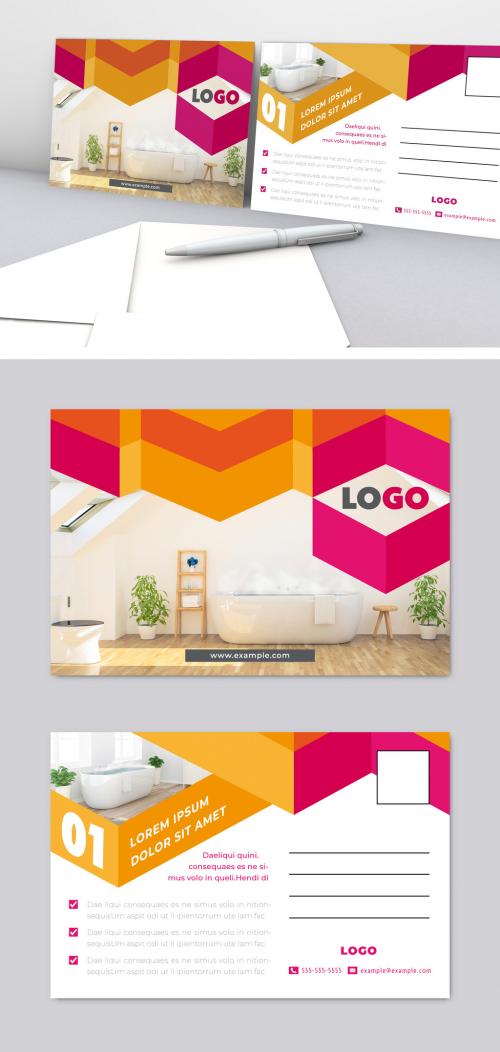 Postcard Layout with Pink and Orange Geometric Elements - 320627207