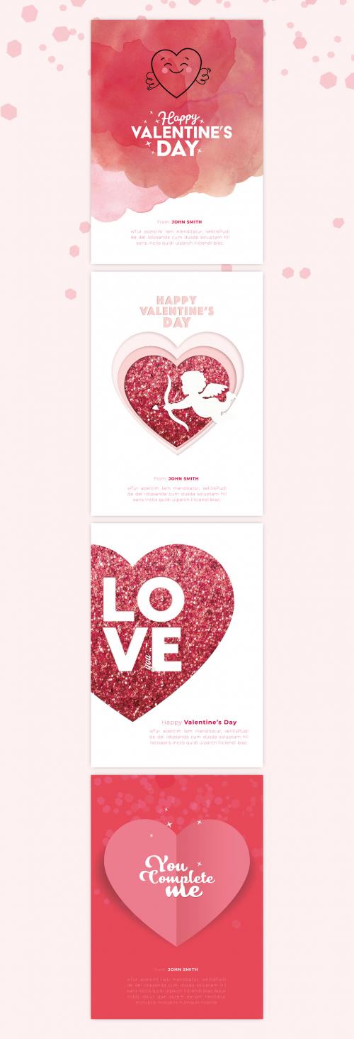 Valentine's Day Card Layout Set with Pink Glitter Heart Illustrations - 320627256