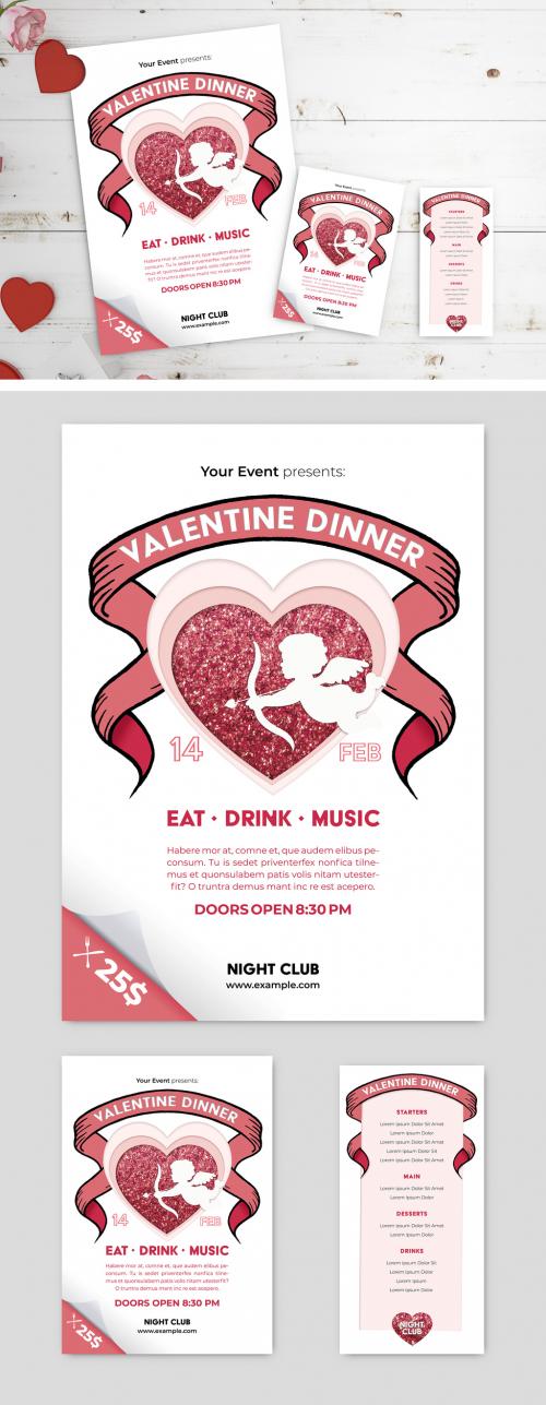 Valentine's Day Dinner Event Flyer Layout Set with Glitter Hearts and Banner Illustrations - 320627295