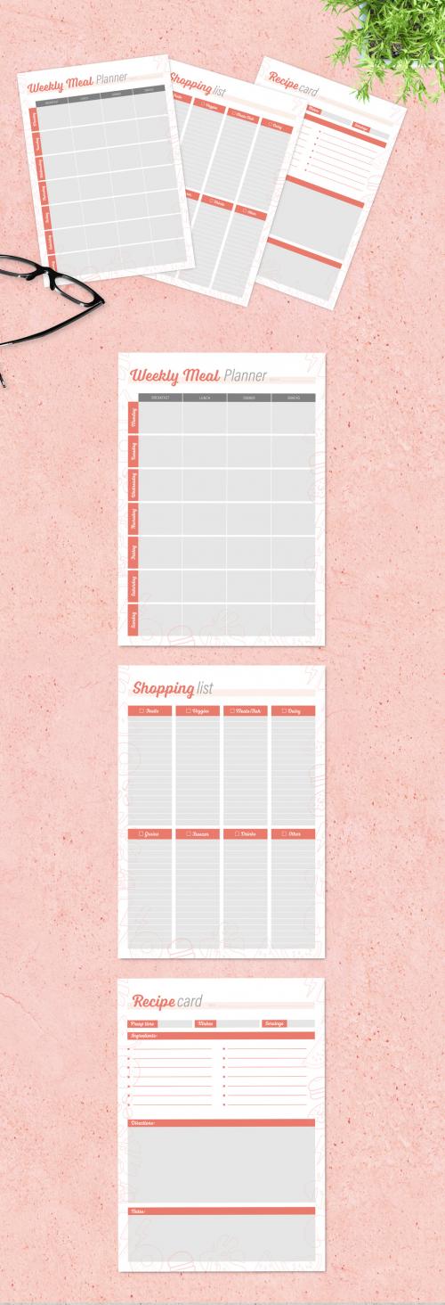 Weekly Meal Plan Layout Kit with Orange Accents and Food Illustrations - 320627326