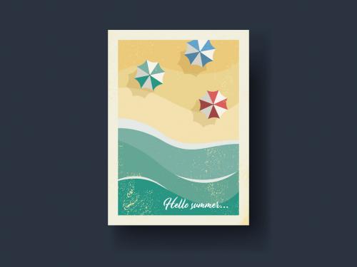 Vintage Style Postcard Layout with Beach Scene Illustrations - 320862966