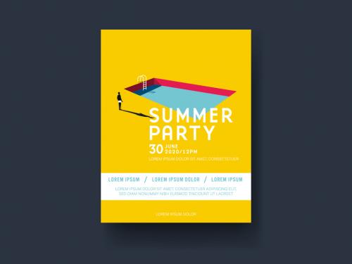 Bright Yellow Summer Party Poster Event Poster with Swimming Pool Illustration - 320862983