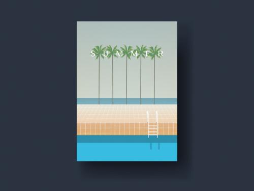 Vintage Style Postcard Layout with Pool and Palm Tree Illustrations - 320864425