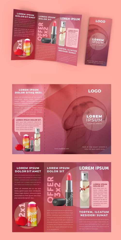 Bright Pink Trifold Brochure Layout with Cosmetics Imagery - 322173495