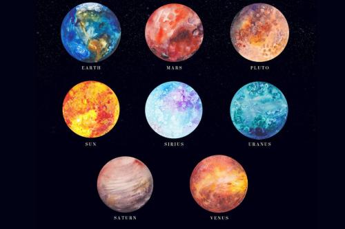 15 watercolor planets and stars set