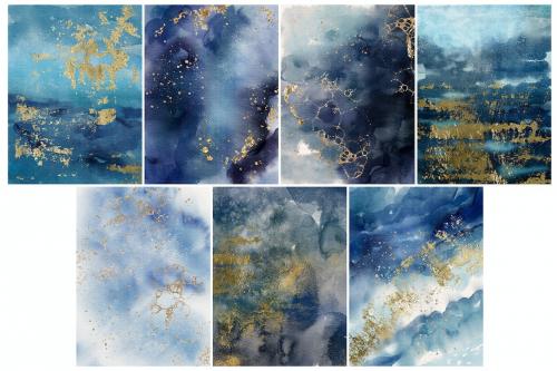 Golden Flakes Blue Watercolor Backgrounds