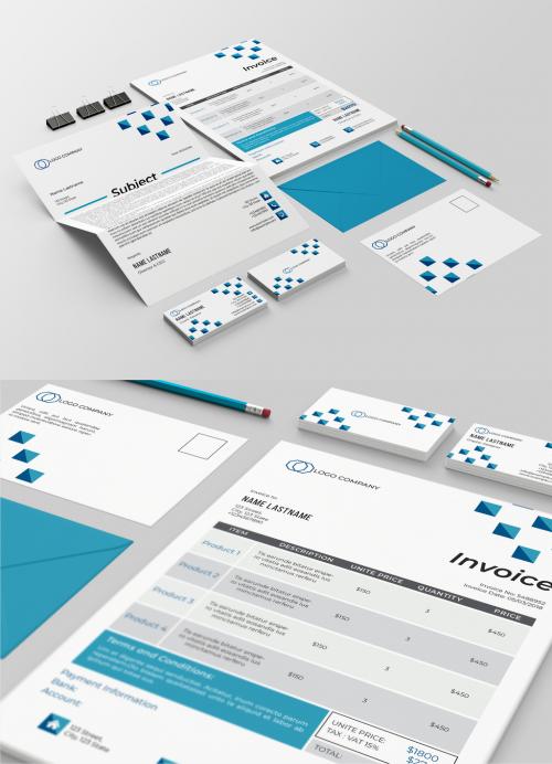 Stationery Layout Set with Blue Geometric Design Elements - 325823738