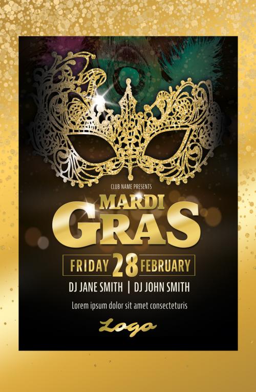 Mardi Gras Carnival Gold Masquerade Poster Layout - 326122580