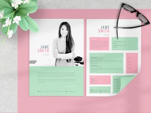 Resume and Cover Letter Layout Set with Pink and Mint Green Colorblock Elements - 327915487