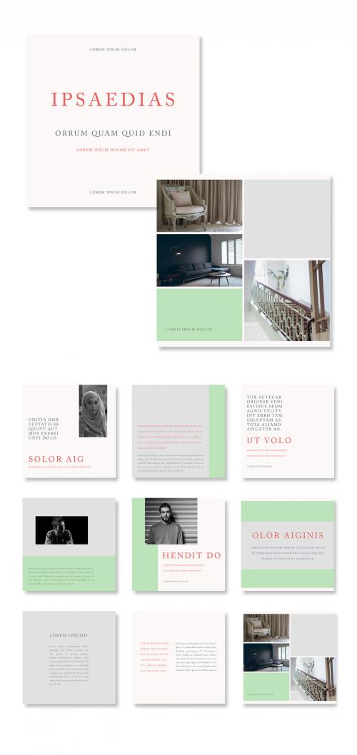 Social Media Post Layout Set with Light Green Accents - 327944192