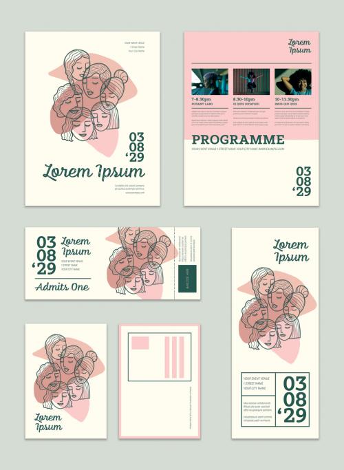 Pink and White Event Flyer Layout Set with Illustrations - 327944231