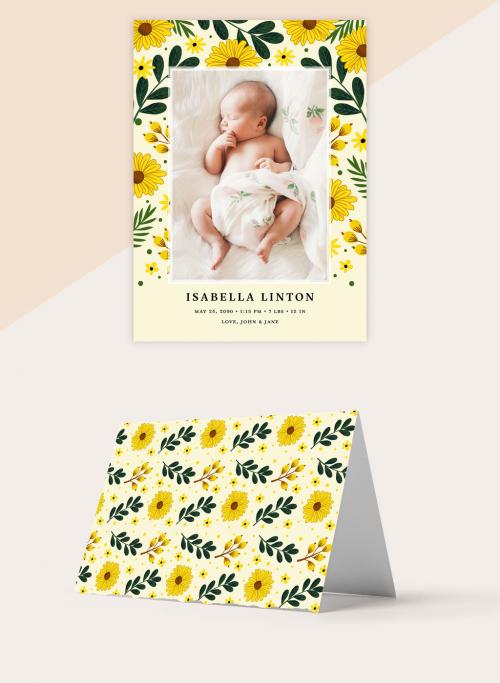 Baby Annoucement Layout with Yellow Floral Border Illustrations - 328152008