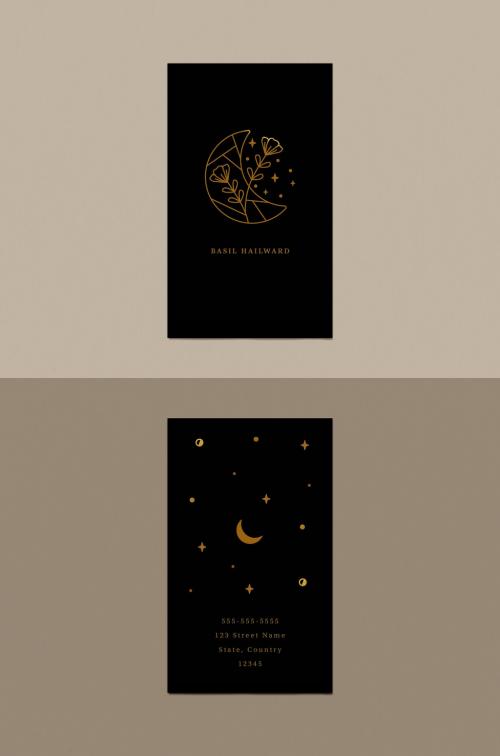 Business Card Layout with Line Art Moon and Star Illustrations - 328152029