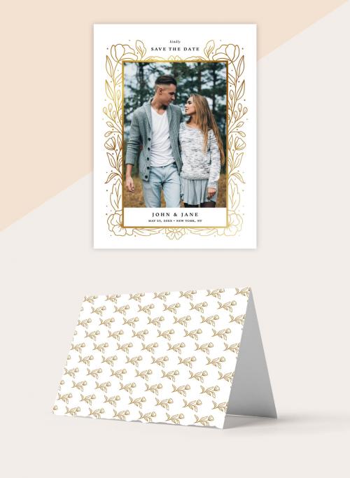 Save the Date Invitation Layout with Gold Floral Illustrations - 328152035