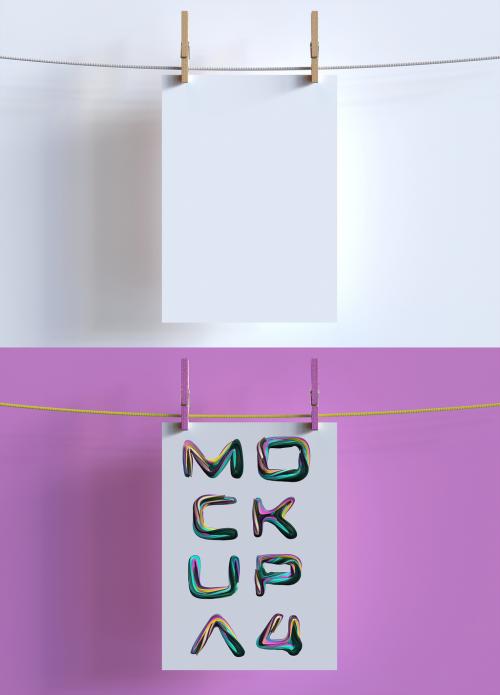 Paper Hanging with Clothespins on Clothesline Mockup - 328341858