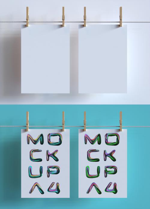 2 Papers Hanging with Clothespins on Clothesline Mockup - 328341910